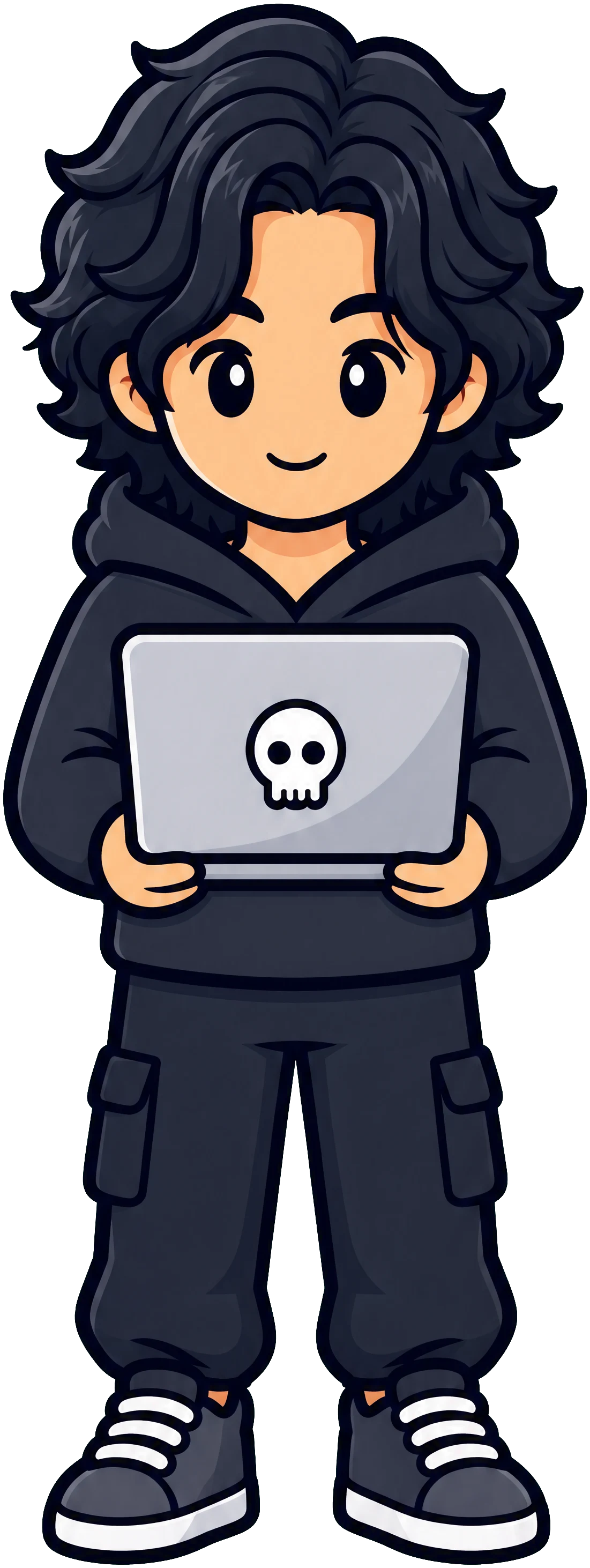 Illustration of Jorge, a chibi developer with wavy black hair and a charcoal hoodie, holding a silver laptop with a white skull sticker