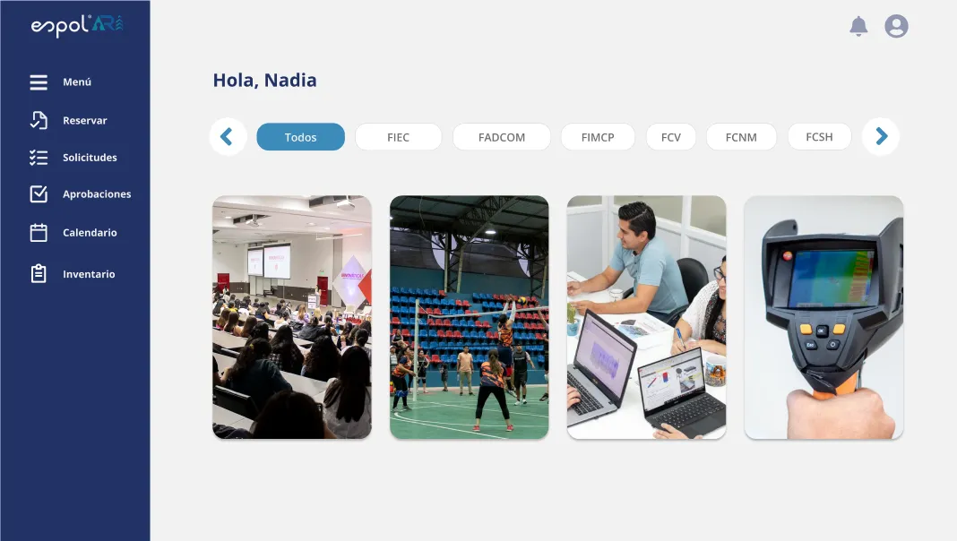 Home screen greeting the user, with a navy side menu, faculty filter chips and photo cards of auditorium, sports court, workshop and equipment resources.