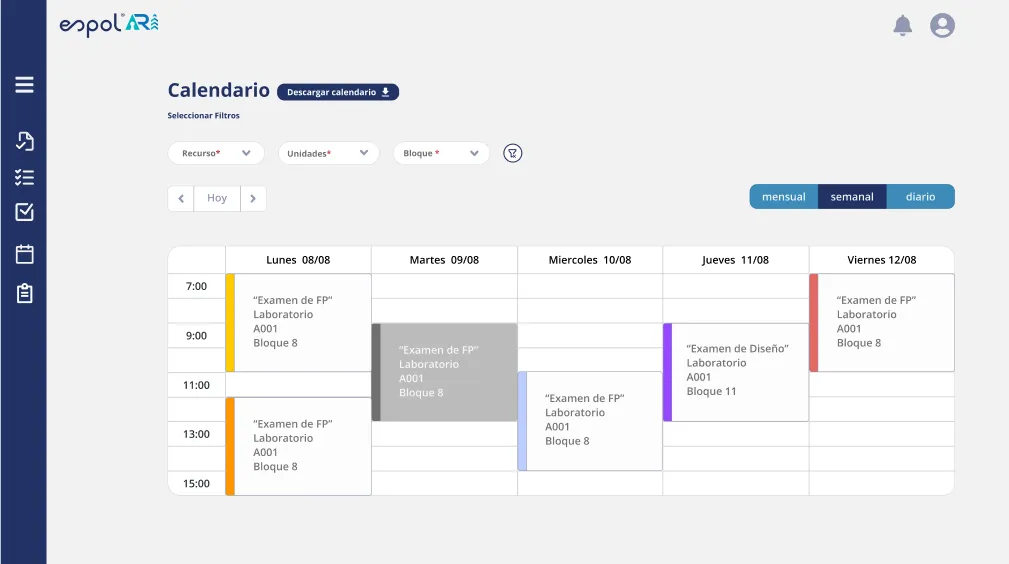 Calendar screen with a weekly view of room reservations in colour-coded blocks, and filters and a monthly, weekly and daily switch.