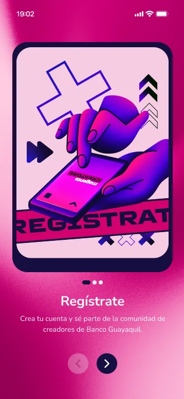 Onboarding screen of the points app in magenta, with an illustration of a hand tapping a phone, the word Regístrate and a button to continue.