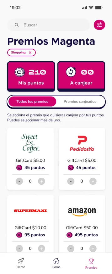 Premios Magenta screen with the points balance and a grid of gift cards such as Sweet and Coffee, PedidosYa, Supermaxi and Amazon, each with a points price.