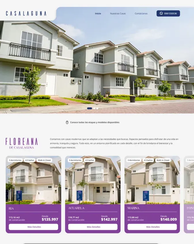 Home page with a photo of a row of two-storey houses under a Casalaguna navigation bar, and a carousel of Floreana model cards with their prices.