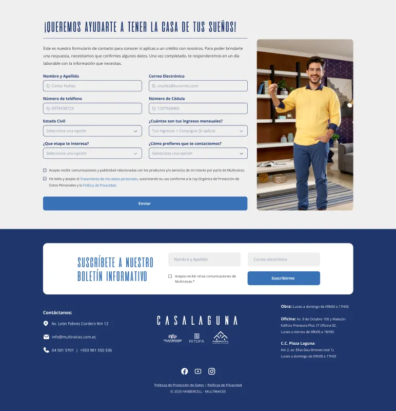 Contact form inviting visitors to get the house of their dreams, next to a smiling man in a yellow shirt, above a navy newsletter and footer block.