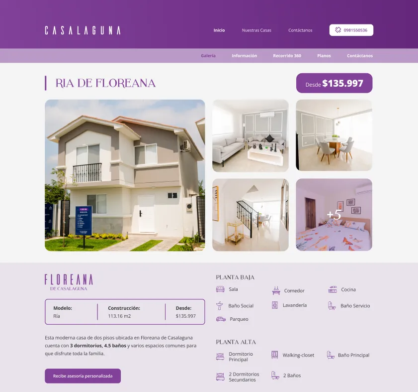 Model page for Ría de Floreana in purple, with a house photo gallery, a price badge, and a ground floor and upper floor room list.