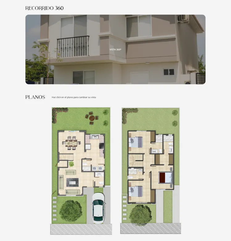 A 360 tour preview of a house facade above colour floor plans of the ground and upper floors.