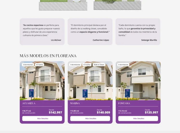 Three quote cards above a section of more Floreana models, with the Acuarela, Marina and Fontana cards and their prices.