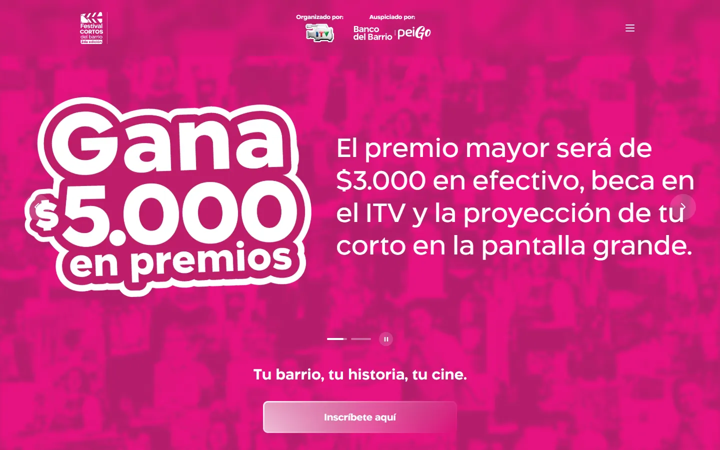 Home page on a magenta background with a Gana $5.000 en premios badge, text about the top prize and a button to sign up.