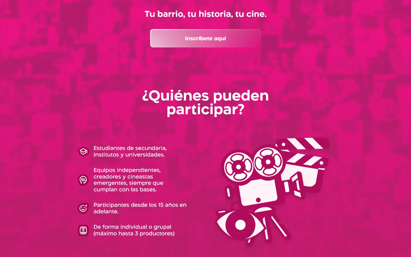 Section asking who can take part, with a list of requirements and an illustration of film projectors.