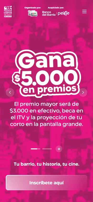 Mobile home page with the festival header, the Gana $5.000 en premios badge, the prize text and a sign-up button.