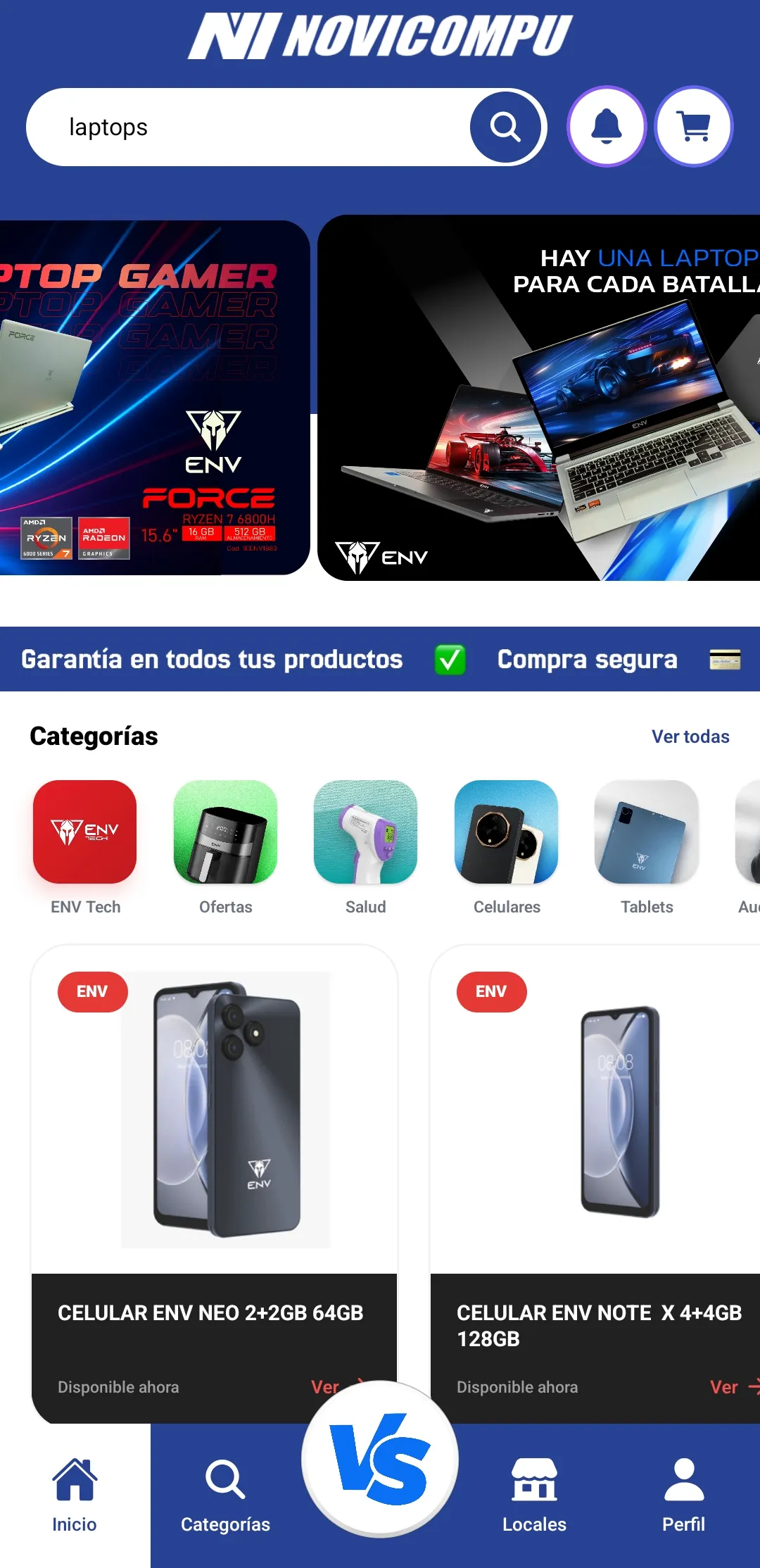 Home screen with a search bar, a gaming laptop banner, a row of category icons and the first phone products, above a bottom tab bar.