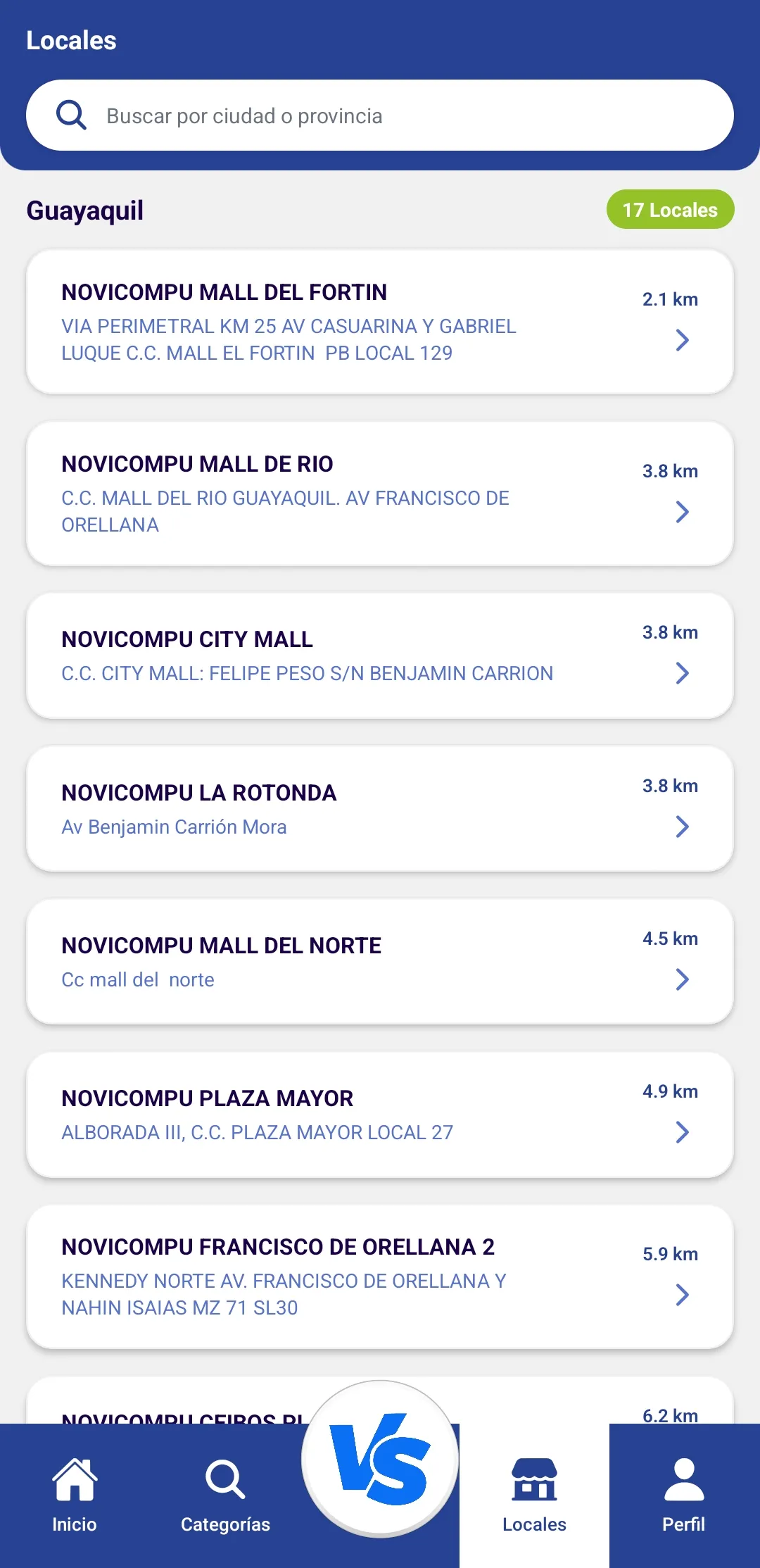 Store locator listing Novicompu stores in Guayaquil with their addresses and distance from the user.