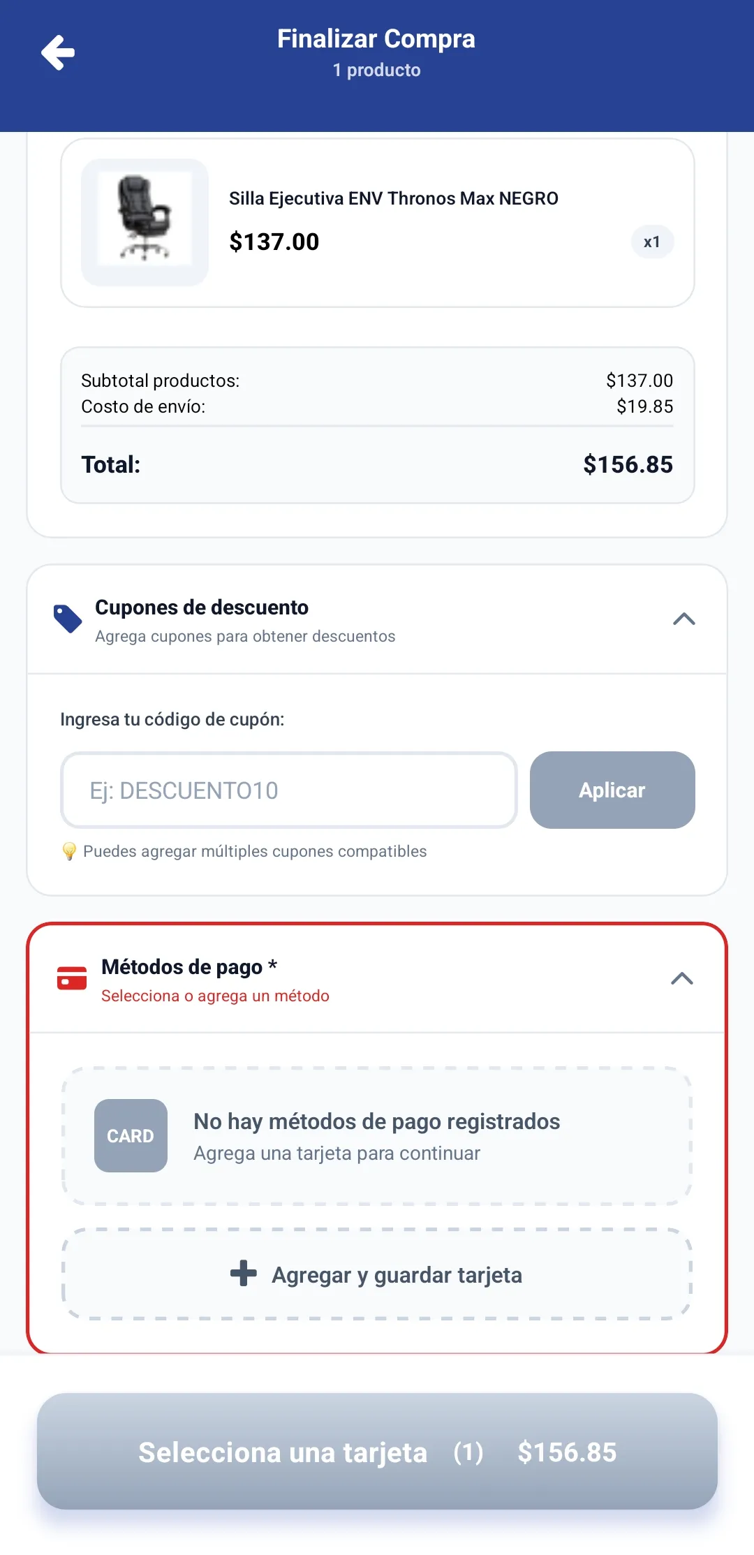 Checkout screen with the order summary, a discount coupon field, an empty payment methods section and a disabled button asking to select a card.