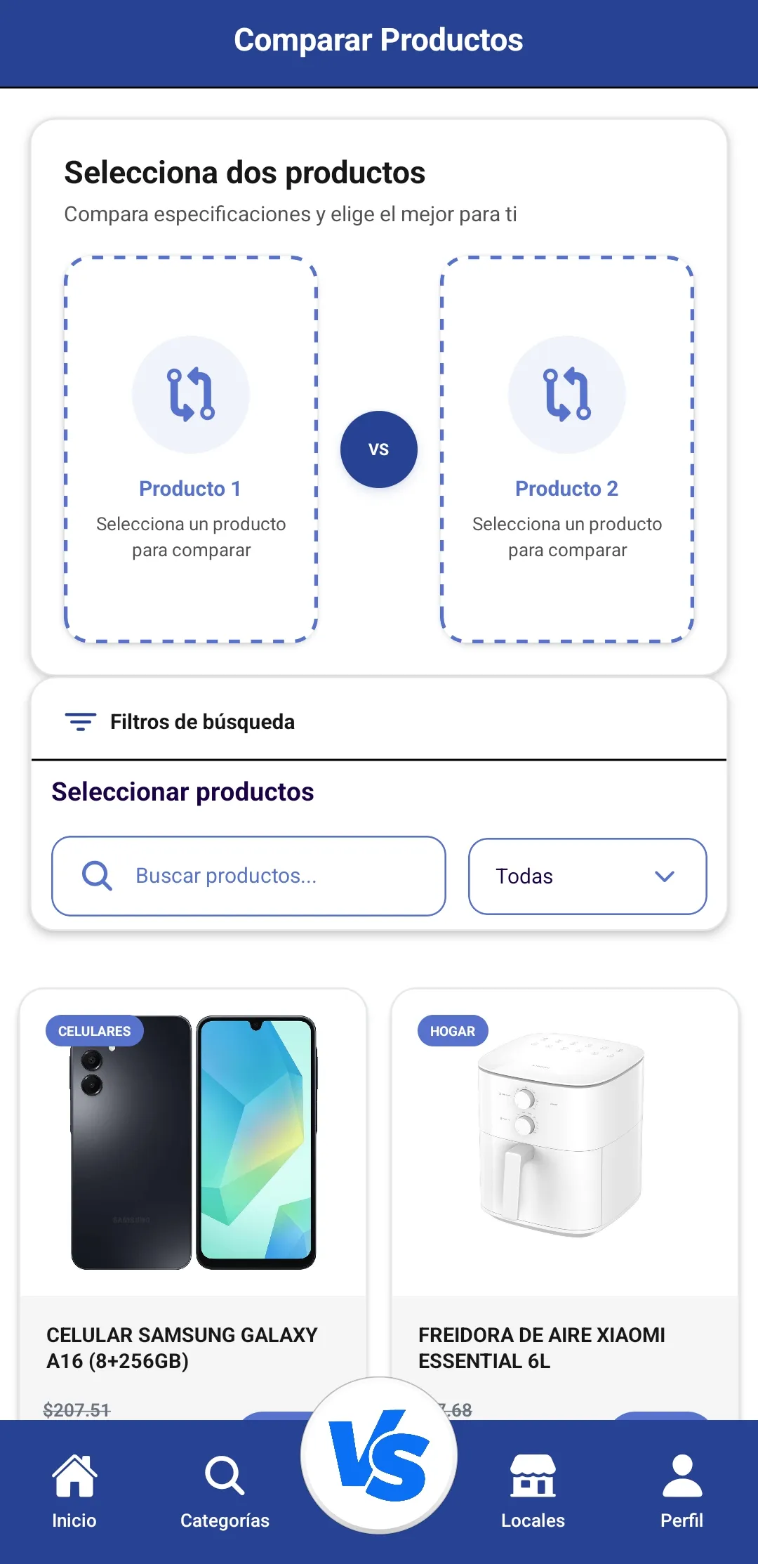 Product comparison screen with two empty product slots joined by a VS badge, filters, and a list of phones and an air fryer to pick from.