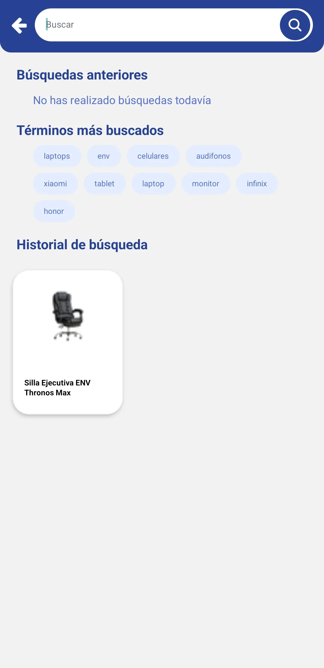 Search screen with previous searches, a cloud of most searched terms and a history entry for an office chair.
