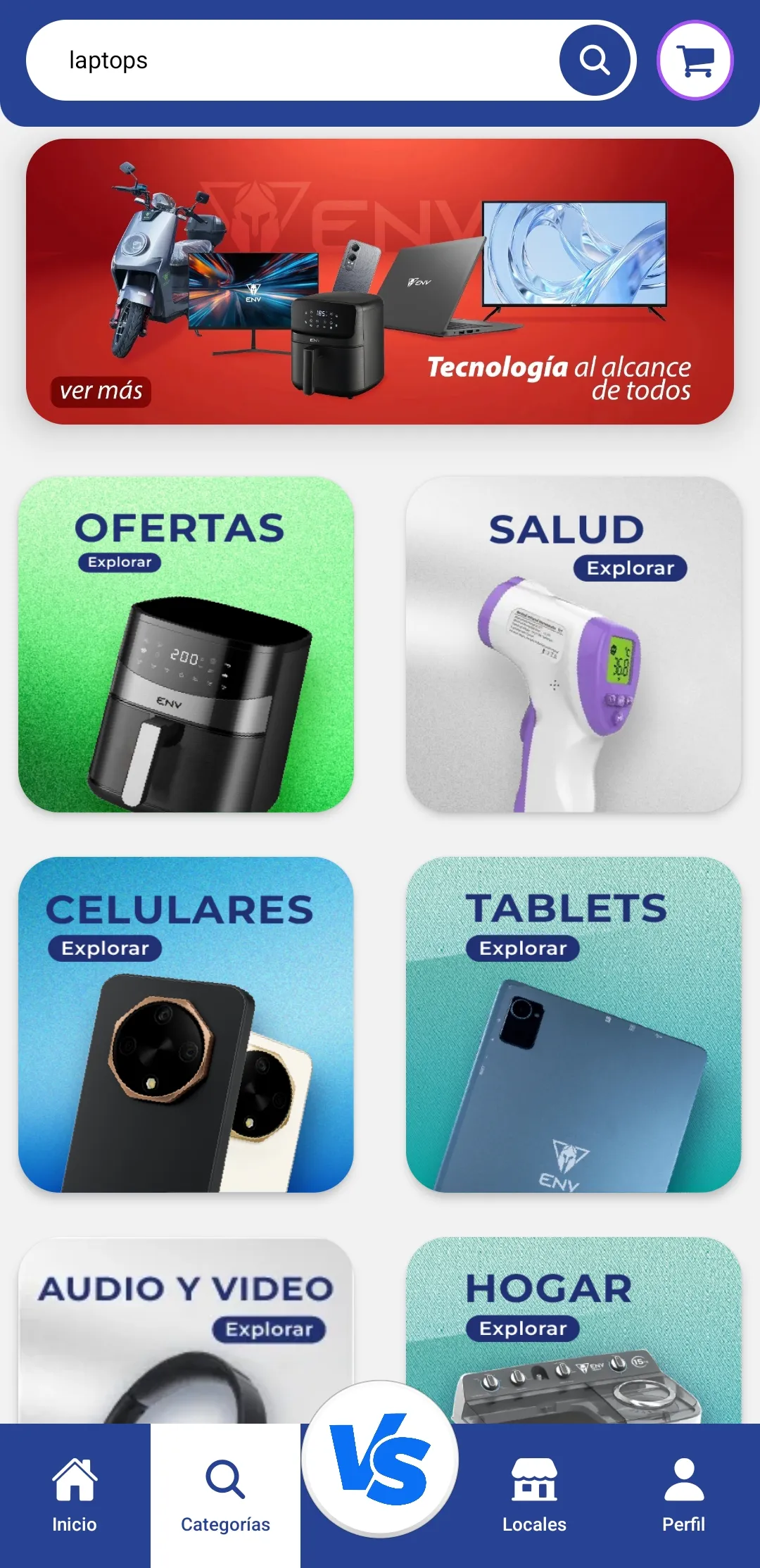 Home screen with a promotional banner and a grid of colourful category tiles: offers, health, phones, tablets, audio and video, and home.
