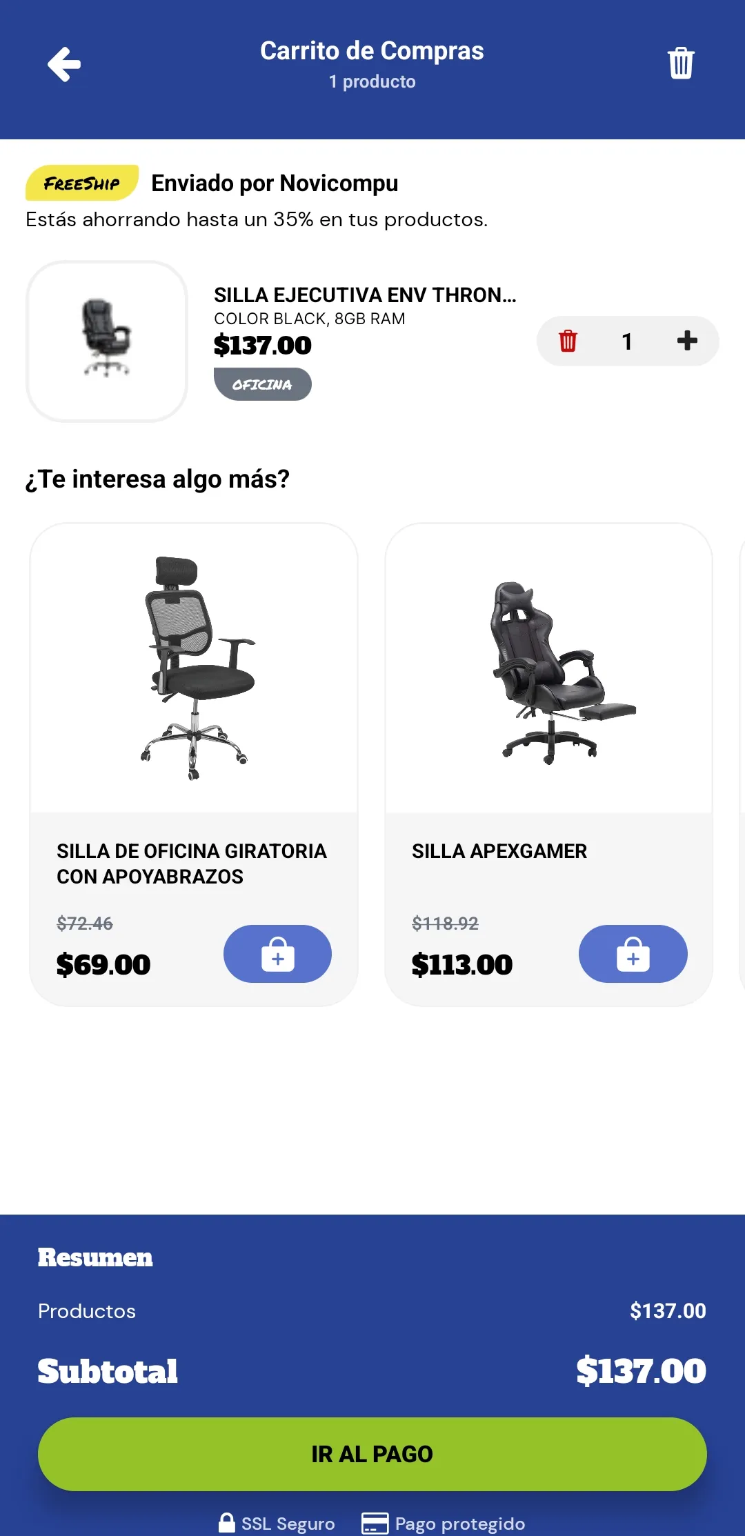 Shopping cart with one office chair, a related products row and a summary bar with the subtotal and a Go to payment button.