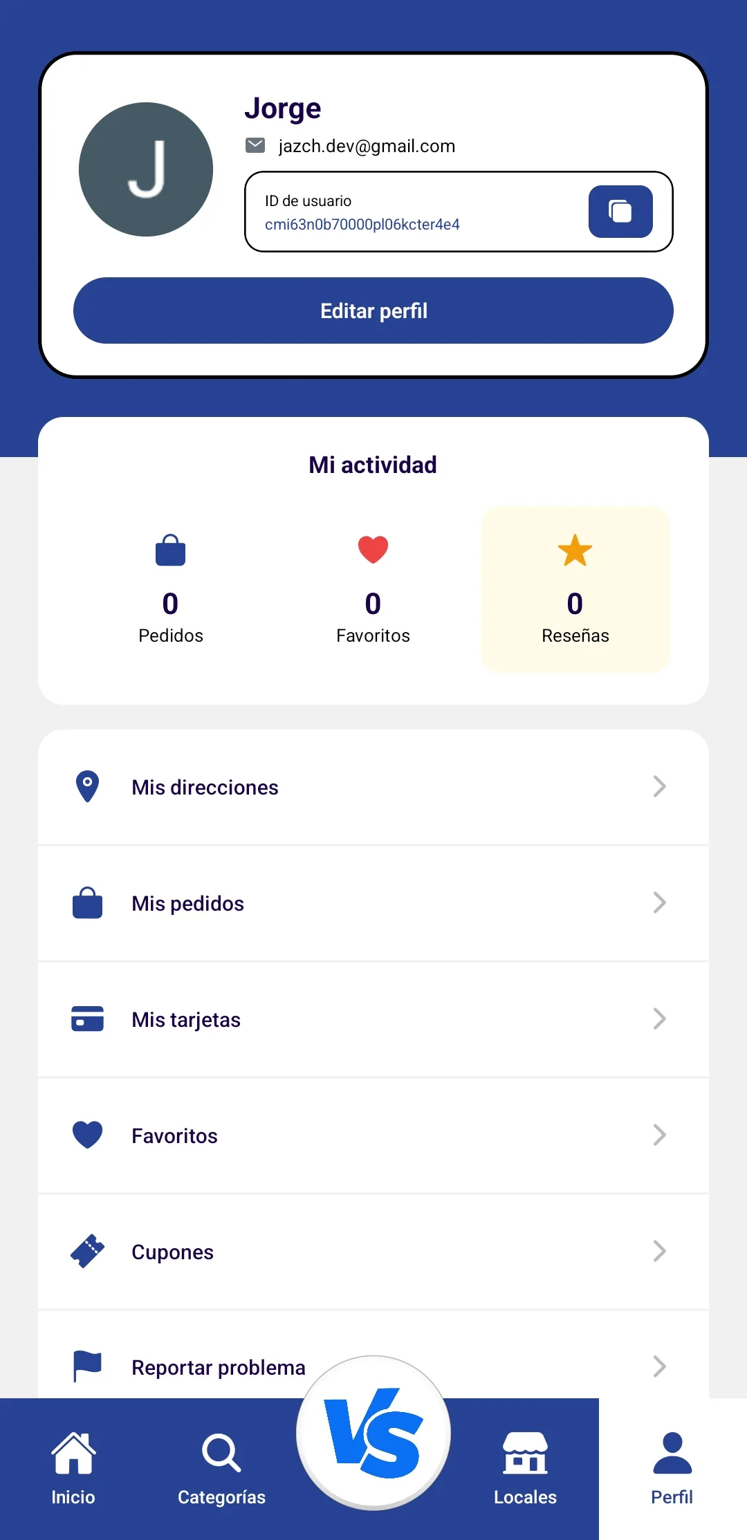 Profile screen with the user name, activity counters for orders, favorites and reviews, and a menu with addresses, orders, cards, favorites and coupons.