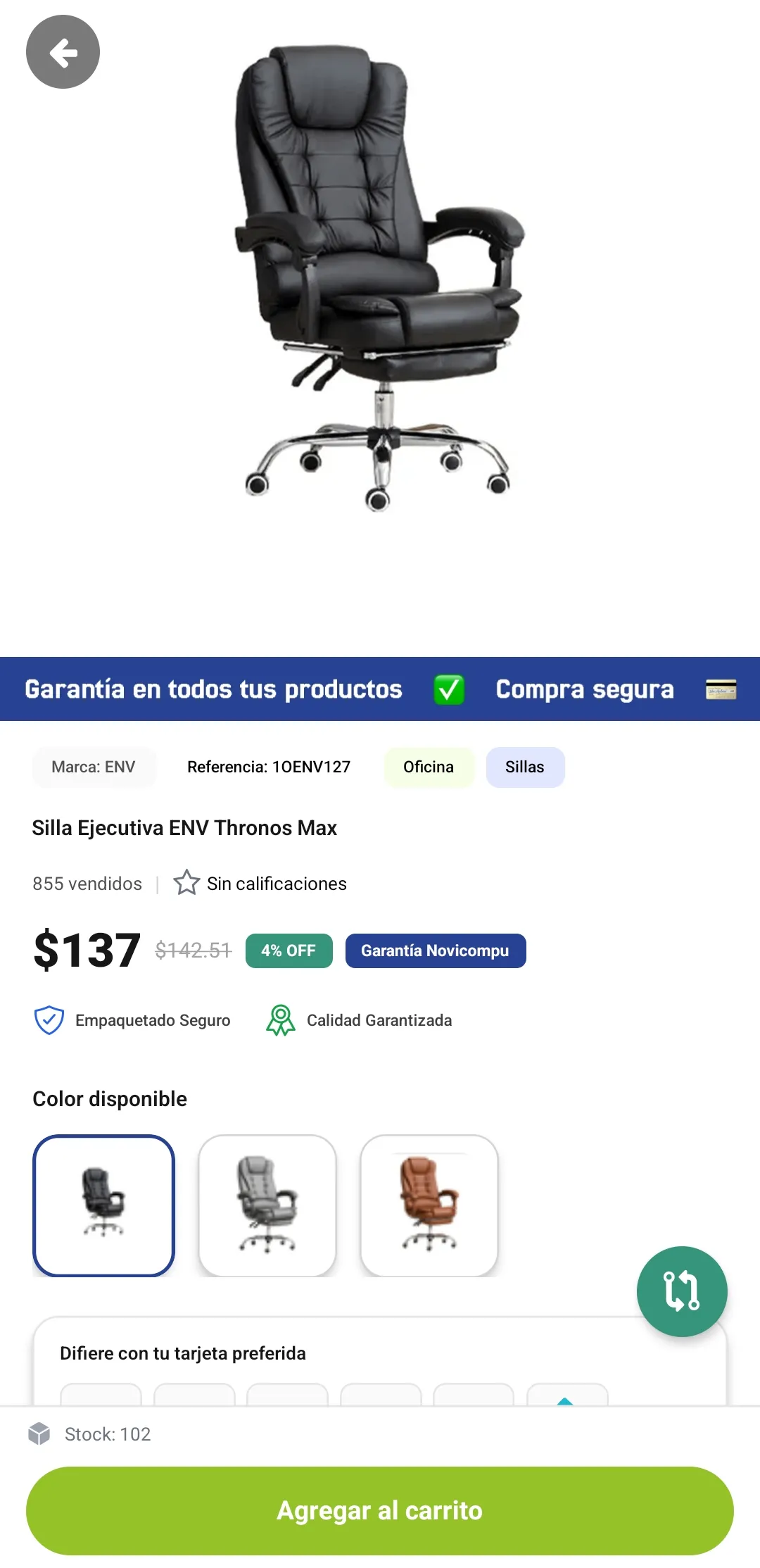 Product detail of an office chair with price, colour options and a green Add to cart button.