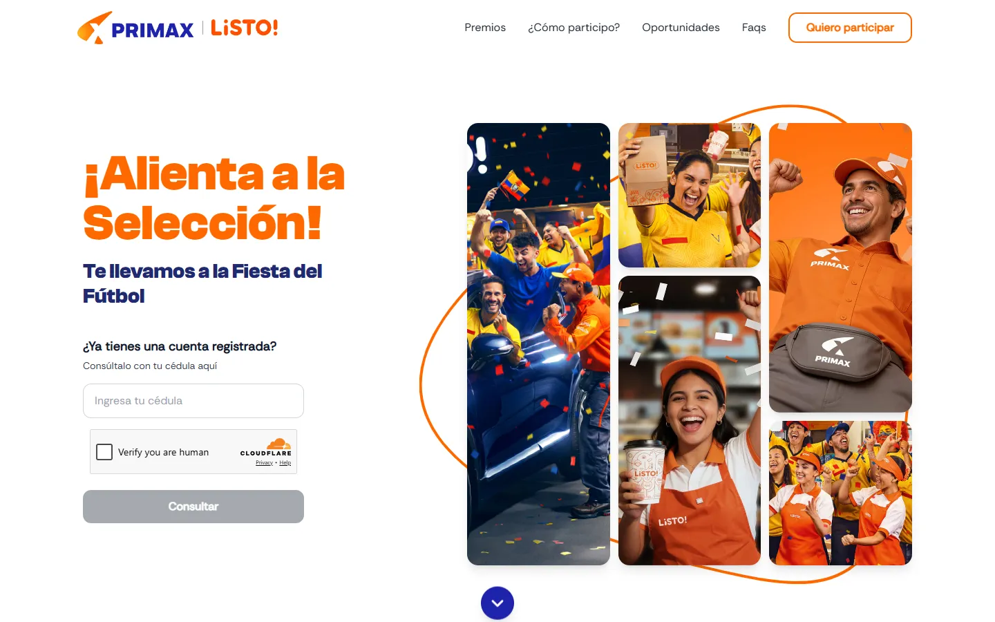 Home page of the campaign with the headline Alienta a la Selección, a field to check an ID number and a collage of photos of fans in Ecuador jerseys and Primax and Listo staff.