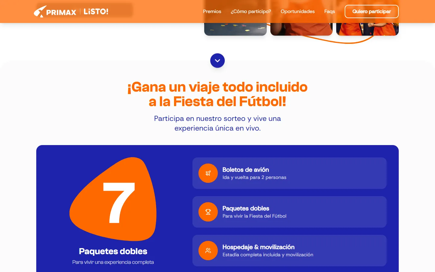 Section offering a trip to the Fiesta del Fútbol, with a blue panel that shows 7 double packages including flights, a double package and accommodation.