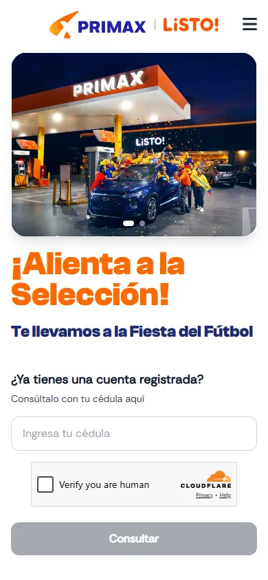 Mobile home page with the Primax and Listo header, a photo of people celebrating at a fuel station, the headline and the ID number field.