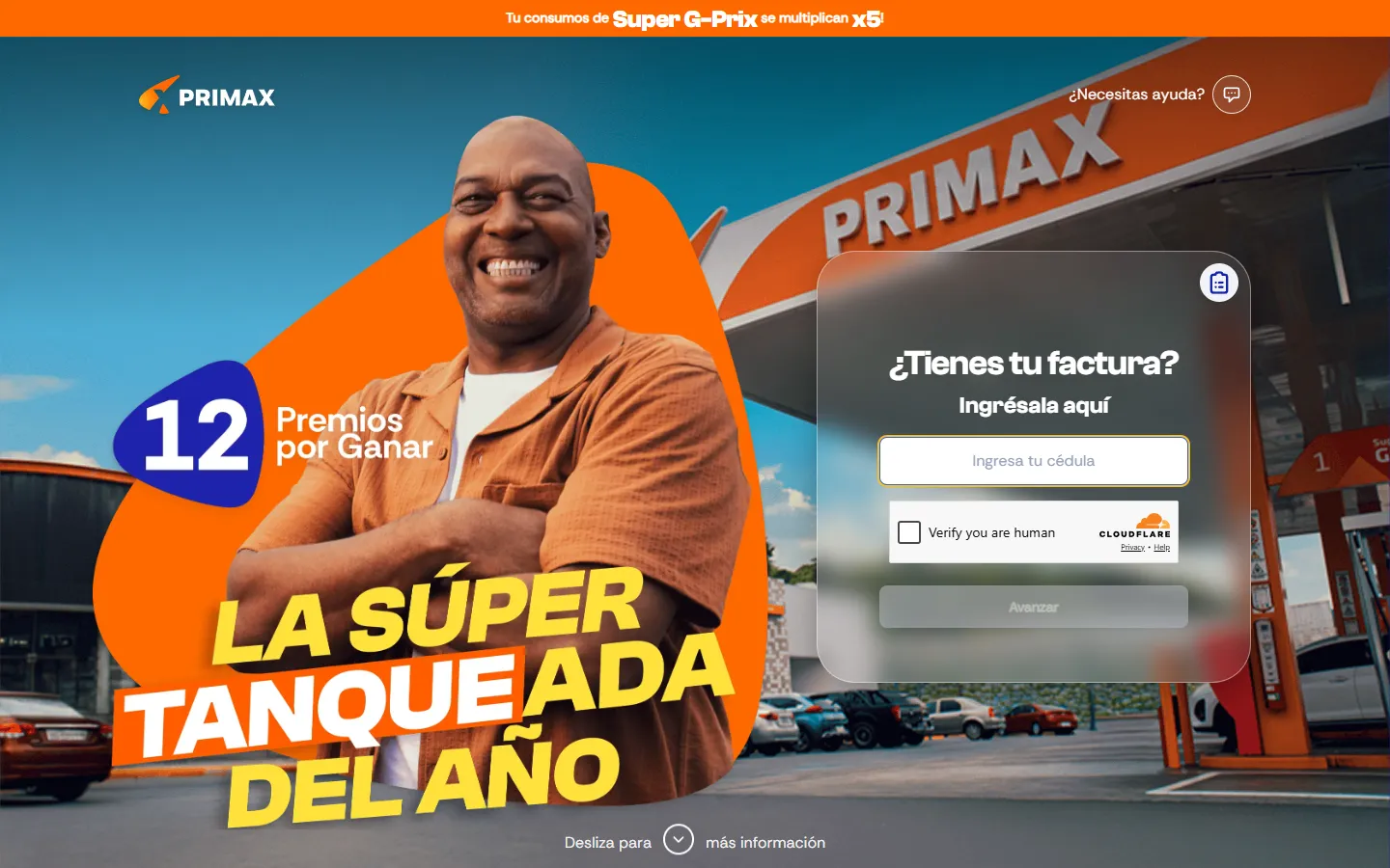 Home page with a smiling man in front of a Primax station, the headline La Súper Tanqueada del Año, 12 prizes to win and a form asking for an ID number to enter an invoice.