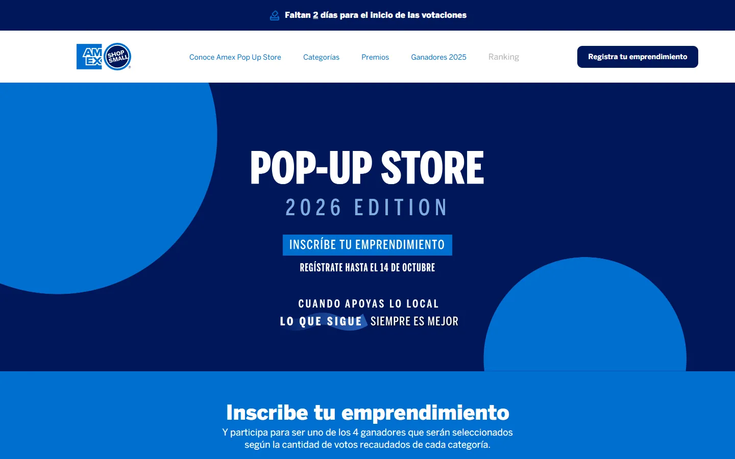 Home page with an American Express Shop Small header, a Pop-Up Store 2026 edition banner and a call to register a business by 14 October.