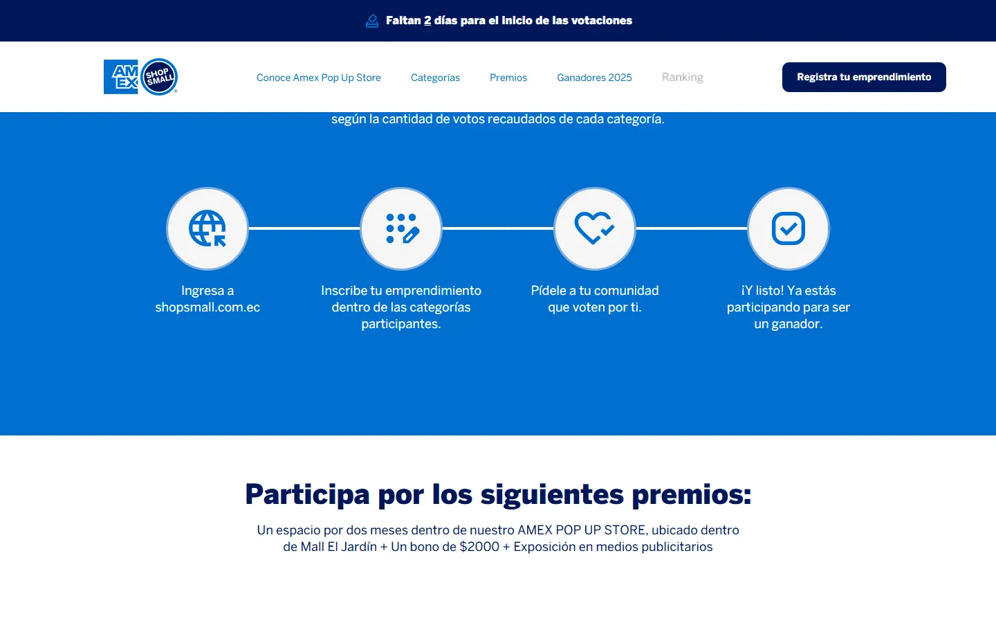Four-step flow on a blue band: enter the site, register your business in the categories, ask your community to vote, and you are in the running.