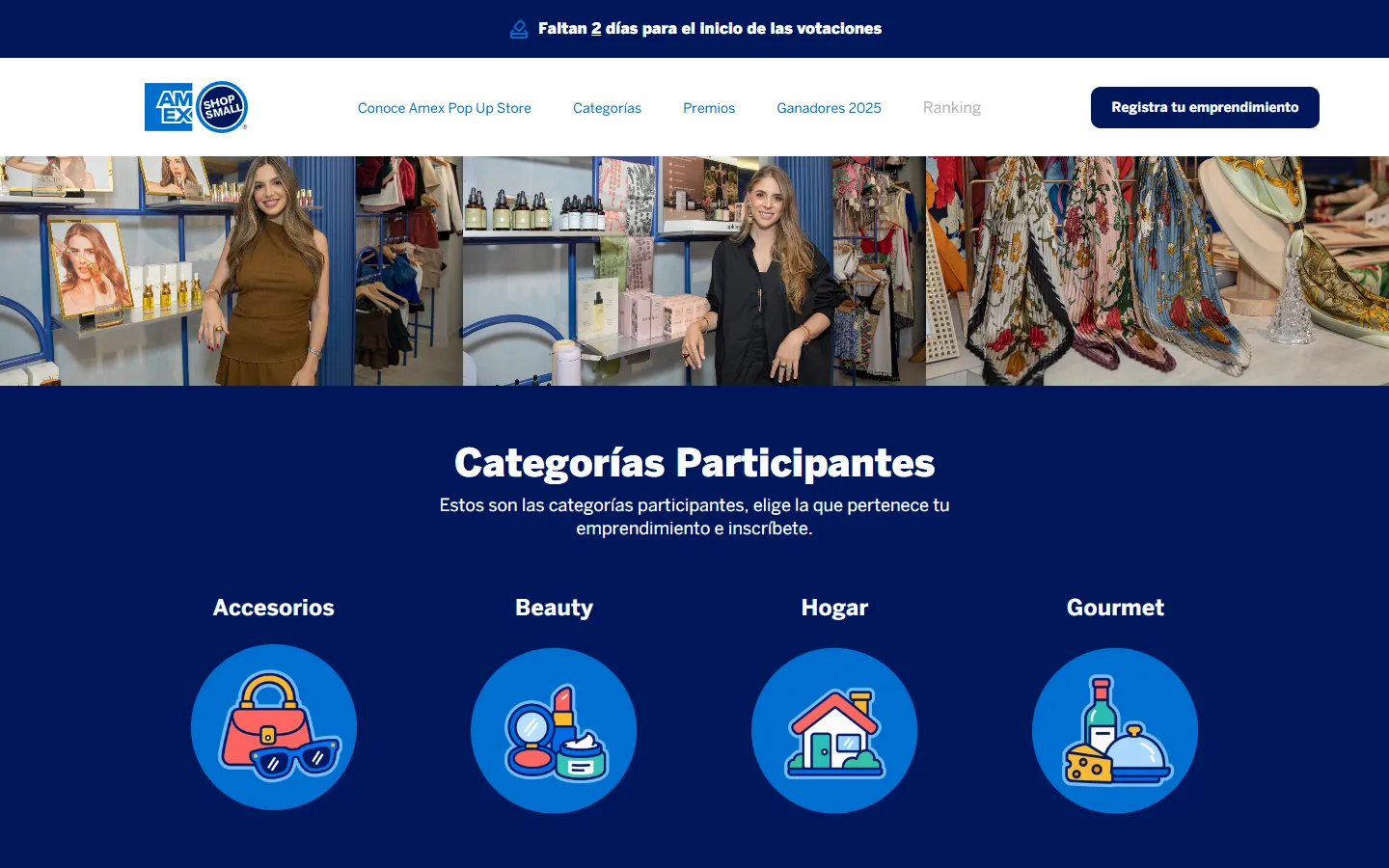 Participating categories section with four round icons for Accesorios, Beauty, Hogar and Gourmet, below a strip of photos of small business products.
