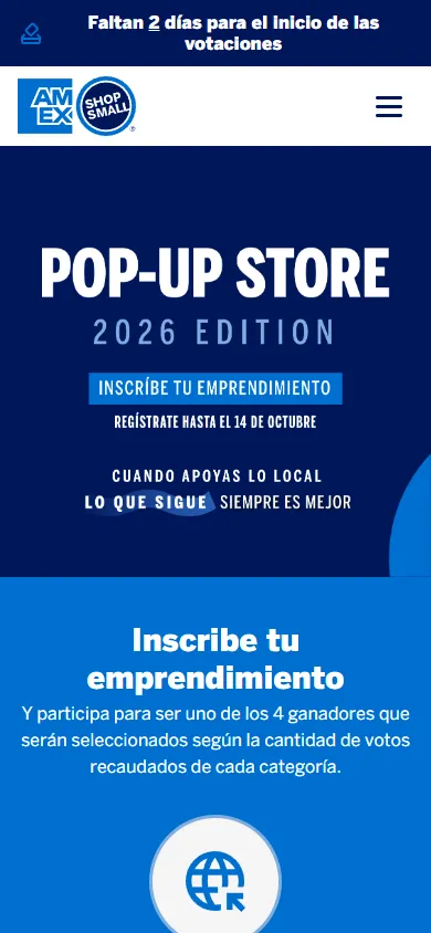 Mobile home page with the header, a navy Pop-Up Store 2026 edition banner and the call to register a business.